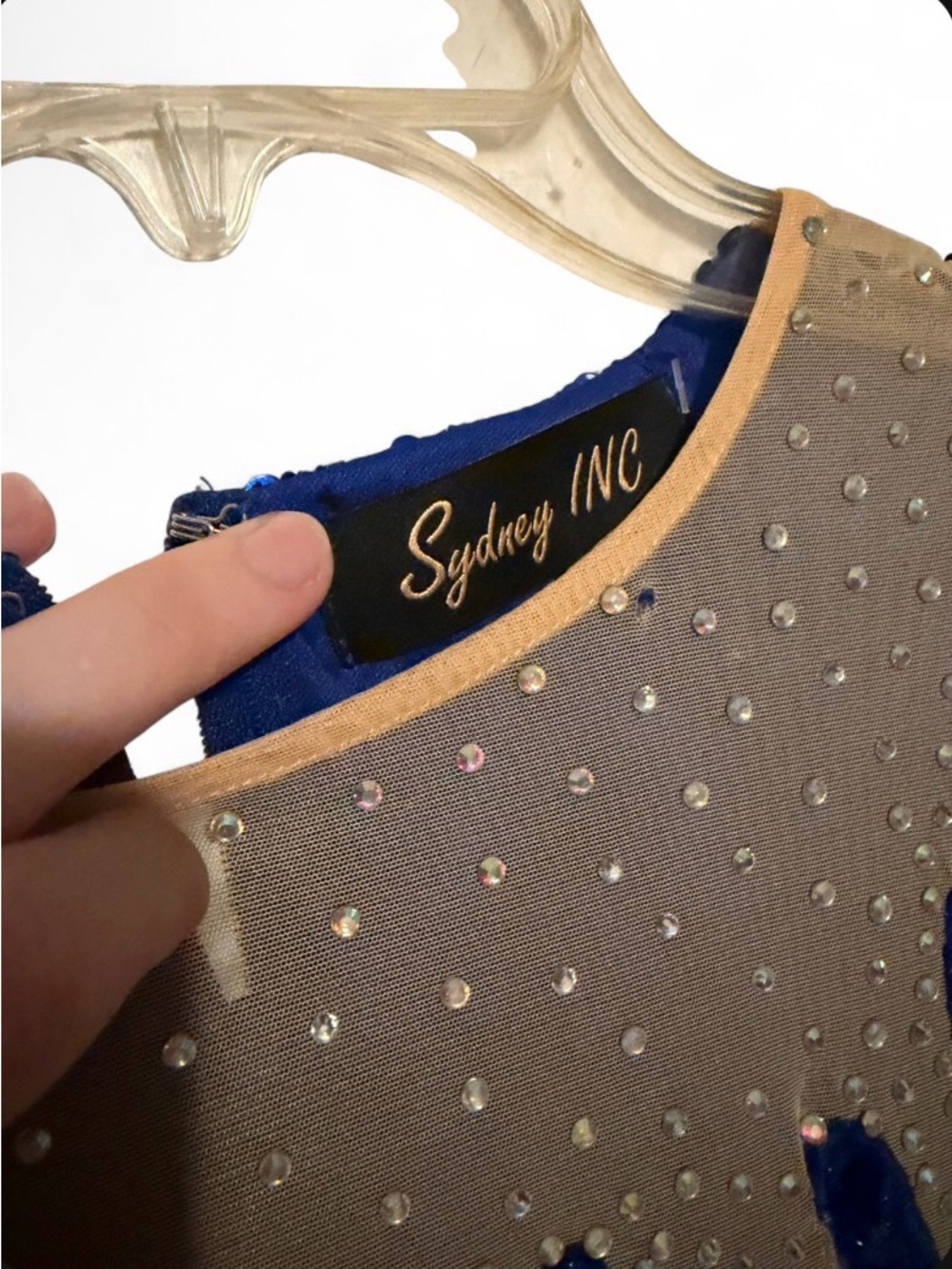 Sydney INC Blue Sequin Rhinestone Sheer Long Sleeve Bodycon Cocktail Dress - Picture 2 of 6